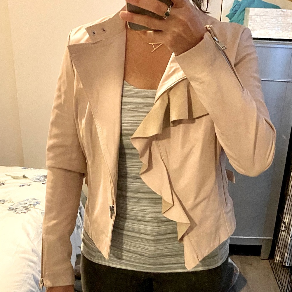 Lamarque soft genuine leather light pink/rose jacket with ruffle collar